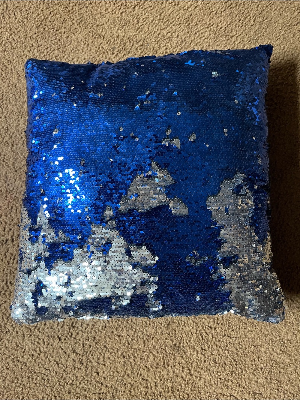 Blue and Silver Reversible Sequin Decorative Throw Pillow